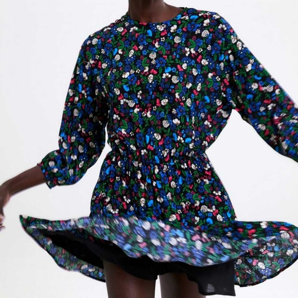Zara Floral Button Sleeve Flowy Mini Dress Size Medium Color Black Floral
